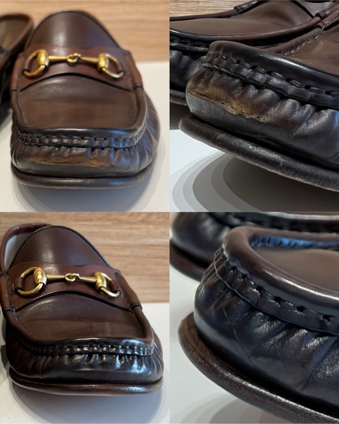 GUCCIローファーの革切れ補修・オールソール｜つま先の補修前・補修後