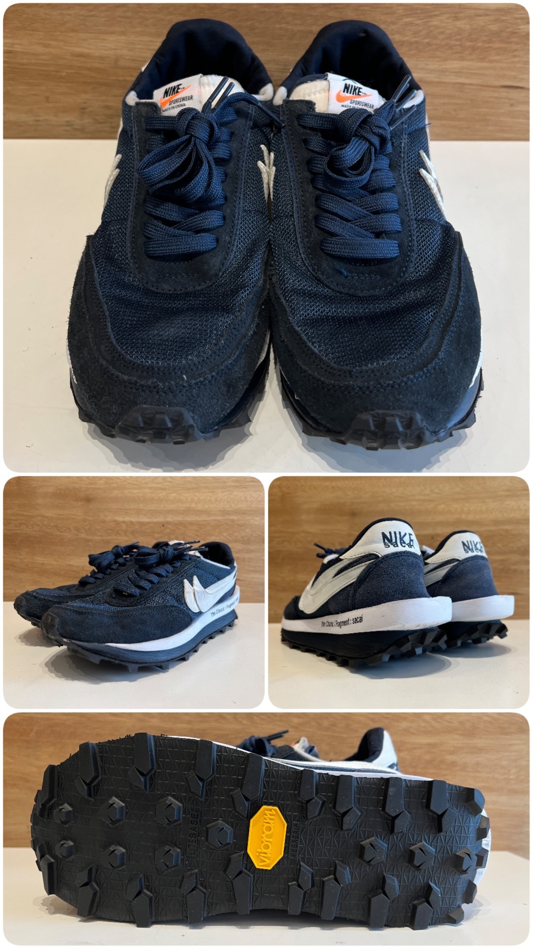 加工後のNIKE。Vibramの新しい靴底と紺色で整えたミッドソール・腰裏