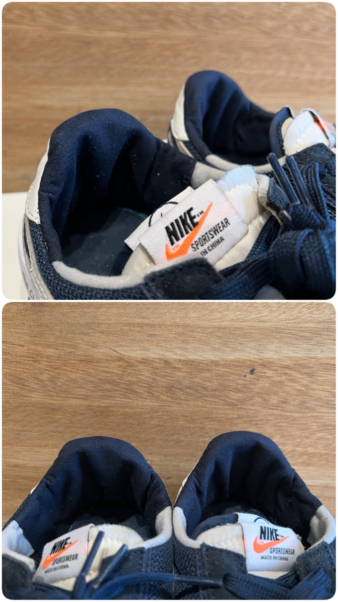 紺色の人工スウェードで補修したNIKEのかかとの内側
